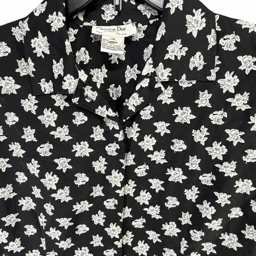 Vintage Christian Dior Separates Blouse Women 10 Black White Floral Modest Retro - Picture 4 of 12